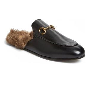 Gucci Black Leather Mules with Gold Detail